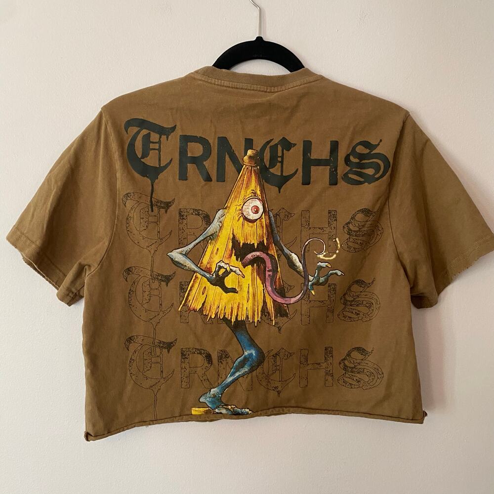 The Trnchs Mocha Brown Cropped Short Sleeve Tee Umbrella Demon Women size Small